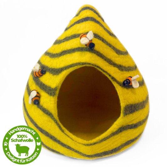 Katzenhöhle Filz – Handgefertigtes Katzenbett aus 100 % Schafwolle "Bienenstock mit Bienen"