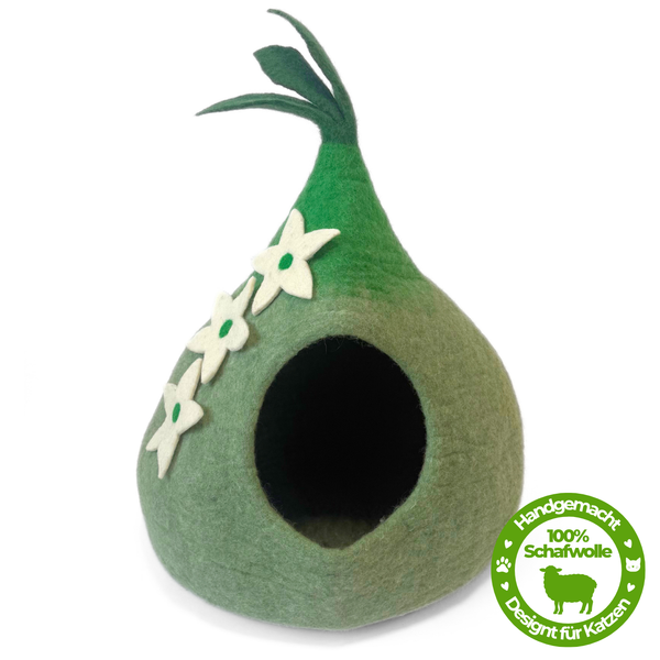 Katzenhöhle Filz – Handgefertigtes Katzenbett aus 100 % Schafwolle - Blumen Frühlingswiese