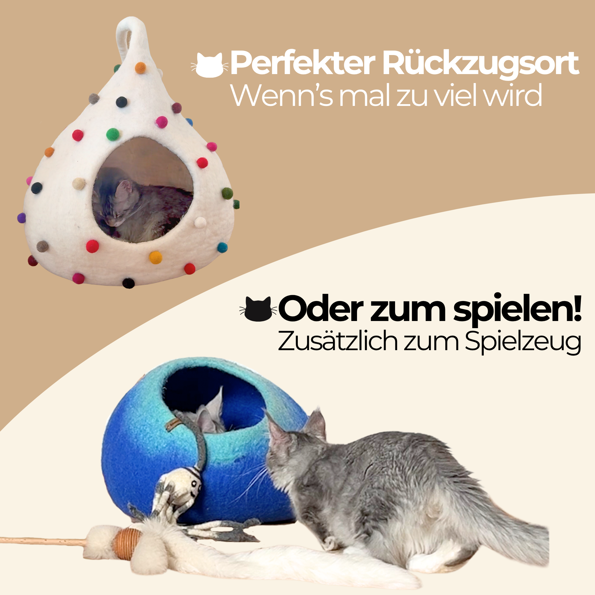 Katzenhöhle Filz – Handgefertigtes Katzenbett aus 100 % Schafwolle - Konfetti Flauschtropfen gelb