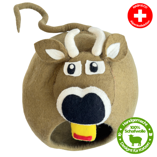 Katzenhöhle Filz – Handgefertigtes Katzenbett aus 100 % Schafwolle - Kuh / Braunvieh