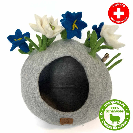 Katzenhöhle Filz – Handgefertigtes Katzenbett aus 100 % Schafwolle - Alpenblüten Bergluft