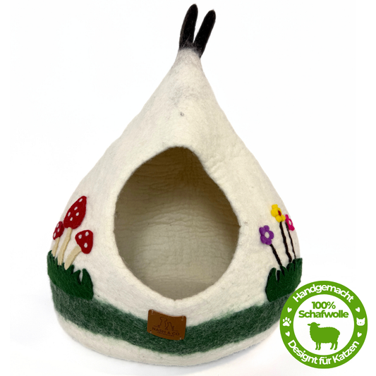 Katzenhöhle Filz – Handgefertigtes Katzenbett aus 100 % Schafwolle - Wiesen-Tipi