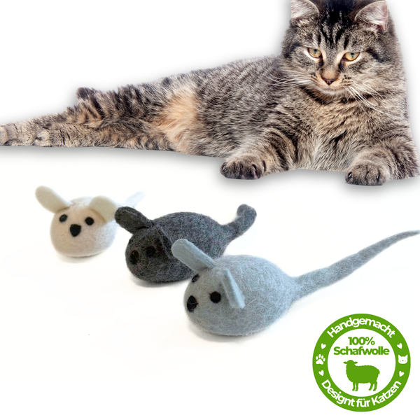 Premium Katzenspielzeug Filz-Maus  - aus 100 % Schafwolle - 3er Set